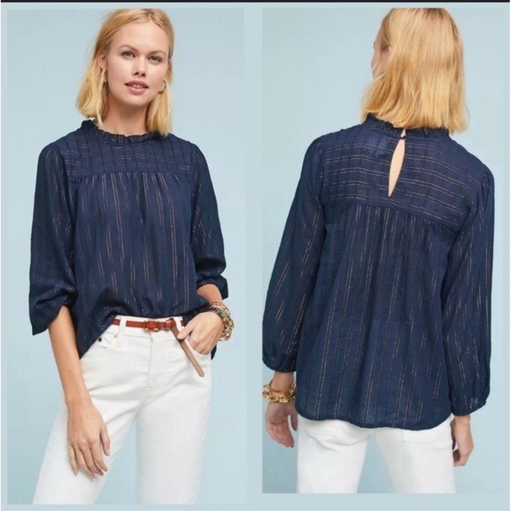 Anthropologie Maeve Reston NavyMetallic Stripe Top‎ Sz Small | cotton